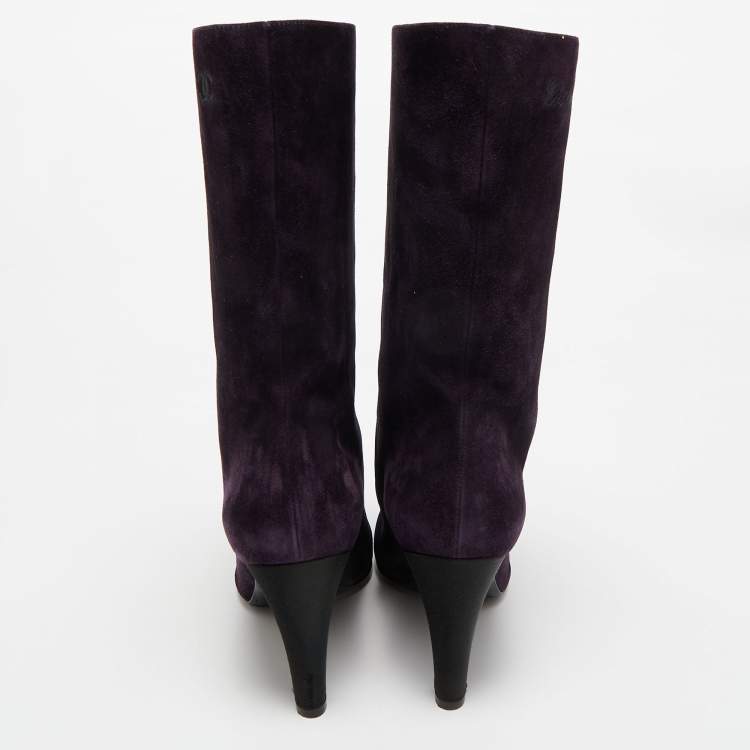 Pre Owned Chanel Purple/Black Suede and Satin CC Mid Calf Boots Size 39.5