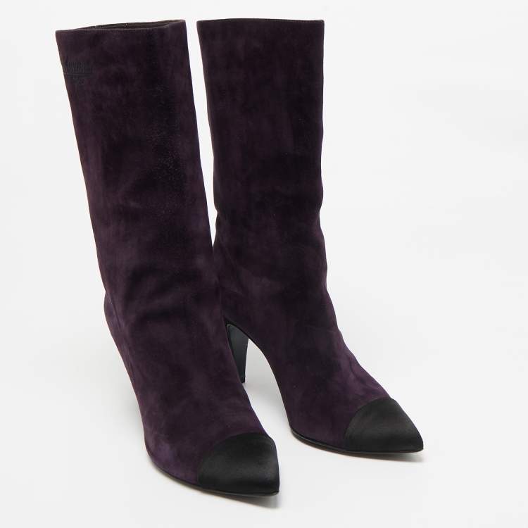 Pre Owned Chanel Purple/Black Suede and Satin CC Mid Calf Boots Size 39.5