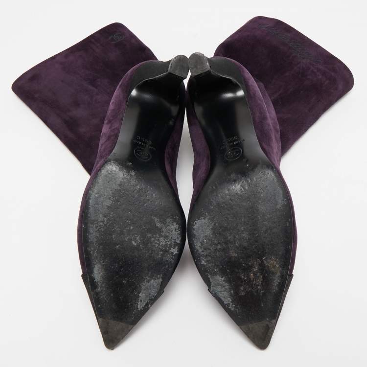 Pre Owned Chanel Purple/Black Suede and Satin CC Mid Calf Boots Size 39.5