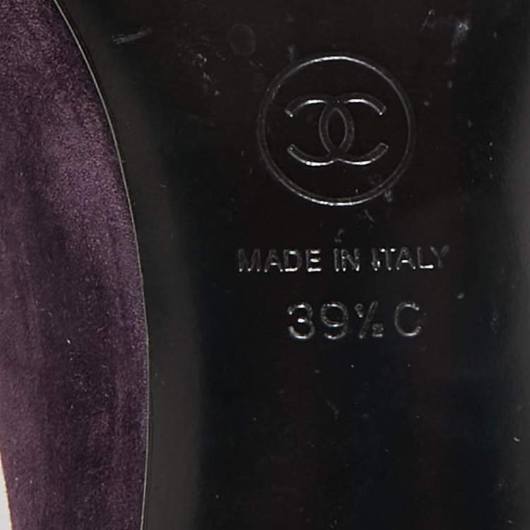 Pre Owned Chanel Purple/Black Suede and Satin CC Mid Calf Boots Size 39.5