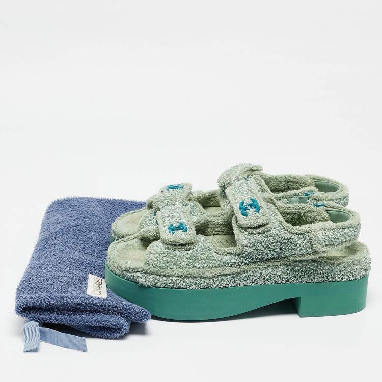 Pre Owned Chanel Green Fabric and Nylon Dad Slingback Sandals Size 38