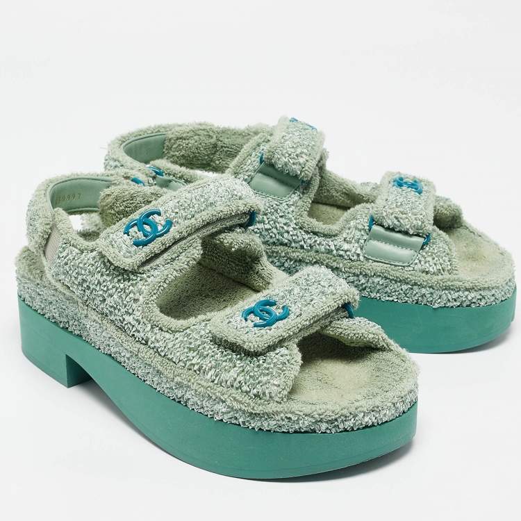 Pre Owned Chanel Green Fabric and Nylon Dad Slingback Sandals Size 38