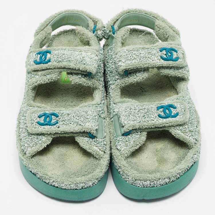 Pre Owned Chanel Green Fabric and Nylon Dad Slingback Sandals Size 38