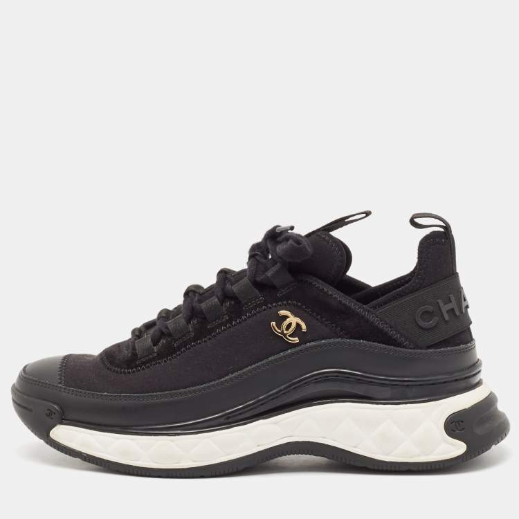 Pre Owned Chanel Black Leather and Neoprene CC Low Top Sneakers Size 38