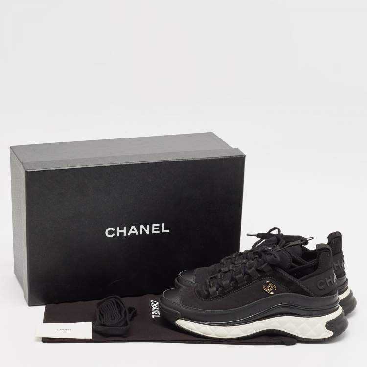 Pre Owned Chanel Black Leather and Neoprene CC Low Top Sneakers Size 38