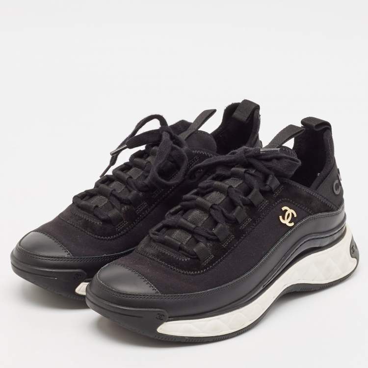 Pre Owned Chanel Black Leather and Neoprene CC Low Top Sneakers Size 38