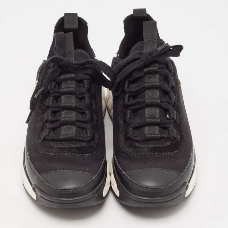 Pre Owned Chanel Black Leather and Neoprene CC Low Top Sneakers Size 38