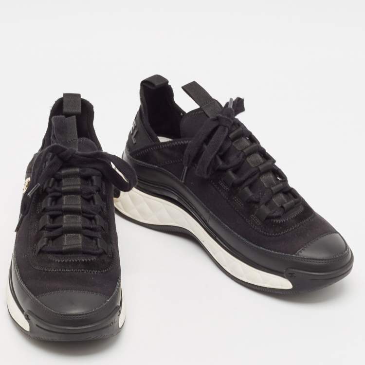 Pre Owned Chanel Black Leather and Neoprene CC Low Top Sneakers Size 38