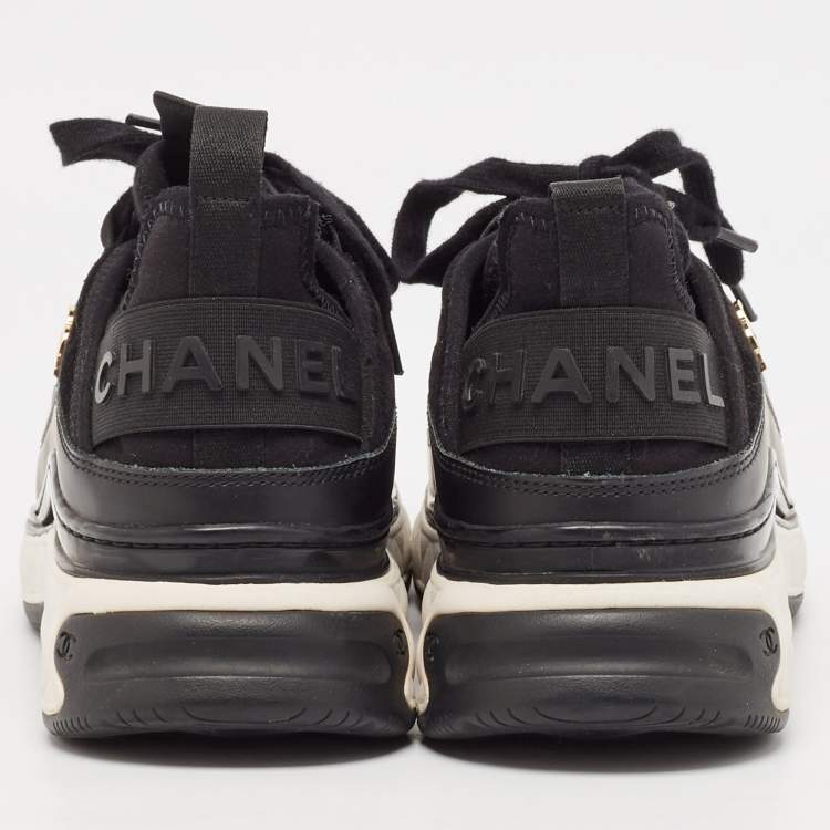 Pre Owned Chanel Black Leather and Neoprene CC Low Top Sneakers Size 38