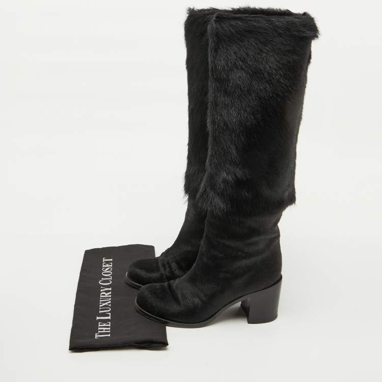 Pre Owned Chanel Black Calf Hair Block Heel Calf Length Boots Size 37