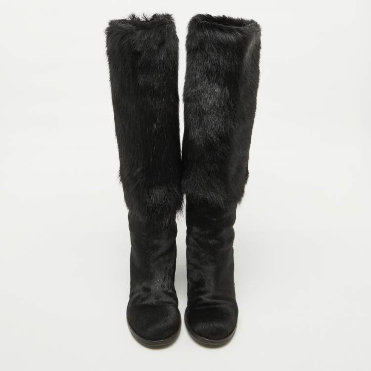 Pre Owned Chanel Black Calf Hair Block Heel Calf Length Boots Size 37