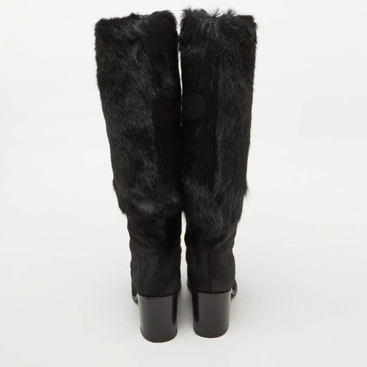 Pre Owned Chanel Black Calf Hair Block Heel Calf Length Boots Size 37