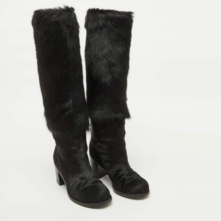 Pre Owned Chanel Black Calf Hair Block Heel Calf Length Boots Size 37
