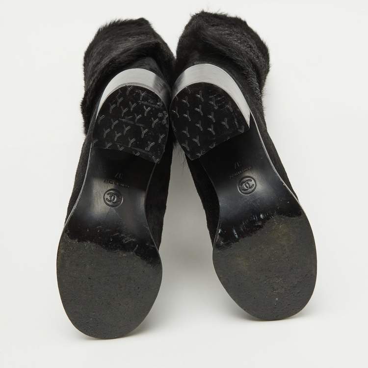 Pre Owned Chanel Black Calf Hair Block Heel Calf Length Boots Size 37
