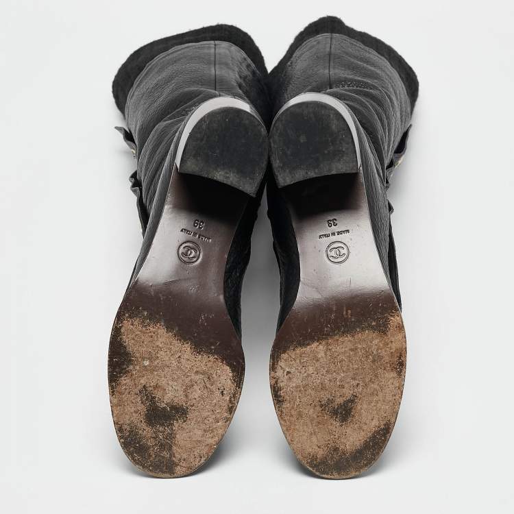 Pre Owned Chanel Black Fabric and Leather Knee Length Boots Size 39