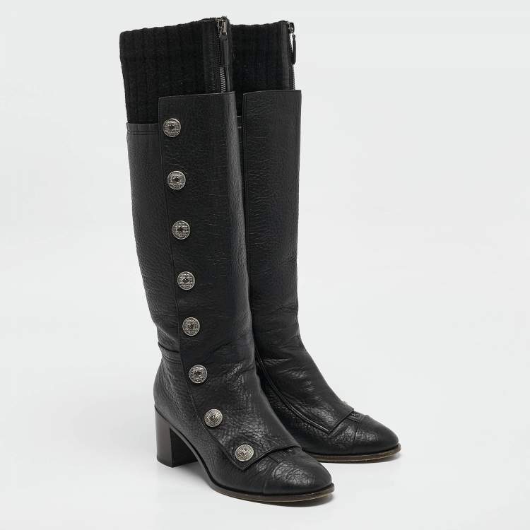 Pre Owned Chanel Black Fabric and Leather Knee Length Boots Size 39