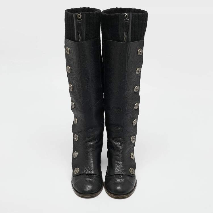 Pre Owned Chanel Black Fabric and Leather Knee Length Boots Size 39