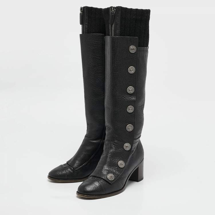 Pre Owned Chanel Black Fabric and Leather Knee Length Boots Size 39