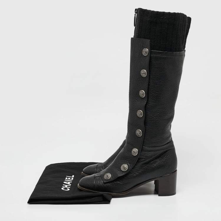 Pre Owned Chanel Black Fabric and Leather Knee Length Boots Size 39