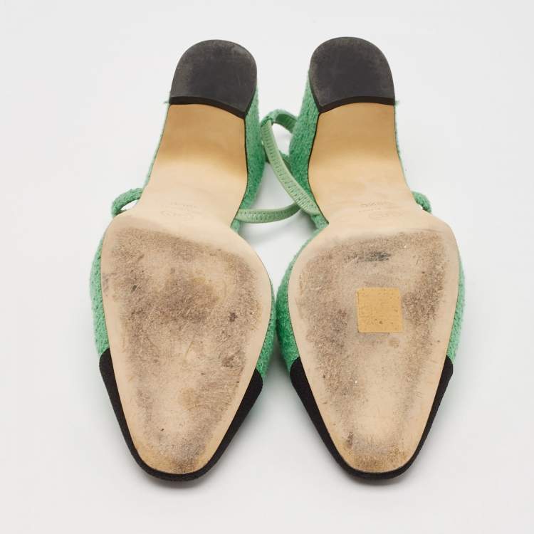 Pre Owned Chanel Green/Black Tweed and Fabric Cap Toe CC Slingback Pumps Size 39.5