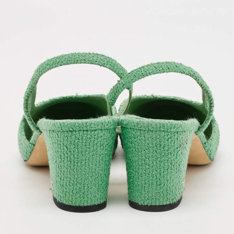 Pre Owned Chanel Green/Black Tweed and Fabric Cap Toe CC Slingback Pumps Size 39.5