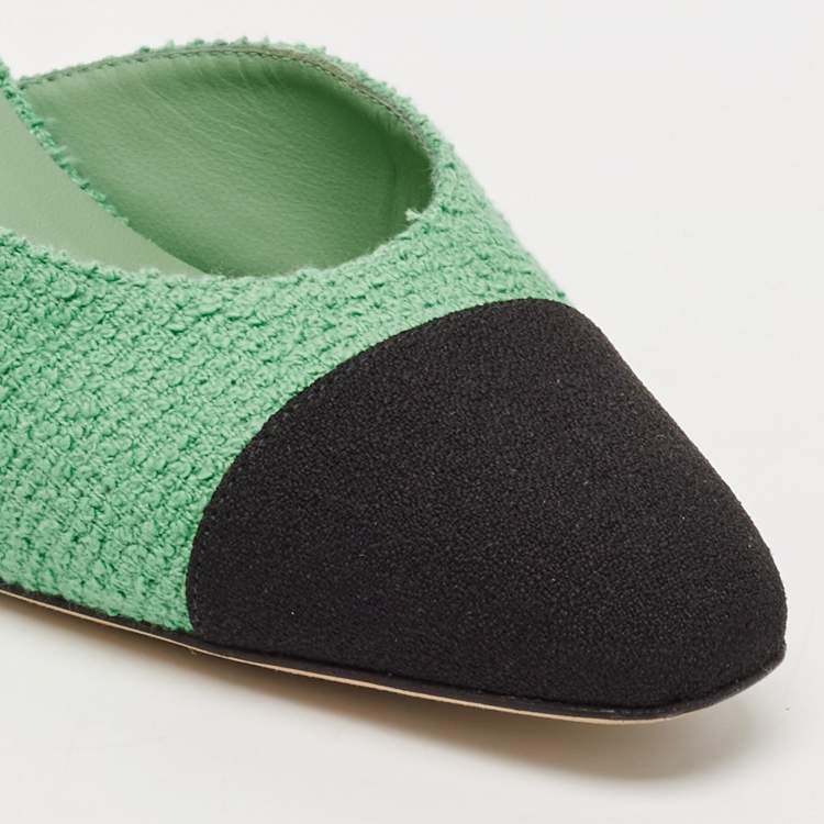 Pre Owned Chanel Green/Black Tweed and Fabric Cap Toe CC Slingback Pumps Size 39.5