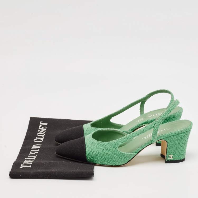 Pre Owned Chanel Green/Black Tweed and Fabric Cap Toe CC Slingback Pumps Size 39.5