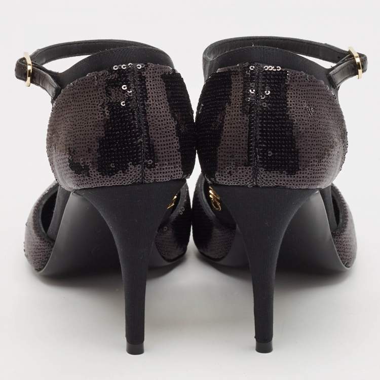 Pre Owned Chanel Black Sequins and Grosgrain Cap Toe CC Ankle Strap Pumps Size 39.5