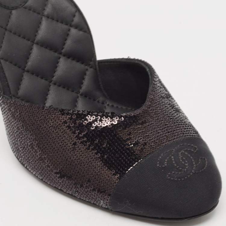 Pre Owned Chanel Black Sequins and Grosgrain Cap Toe CC Ankle Strap Pumps Size 39.5
