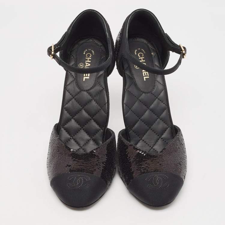 Pre Owned Chanel Black Sequins and Grosgrain Cap Toe CC Ankle Strap Pumps Size 39.5