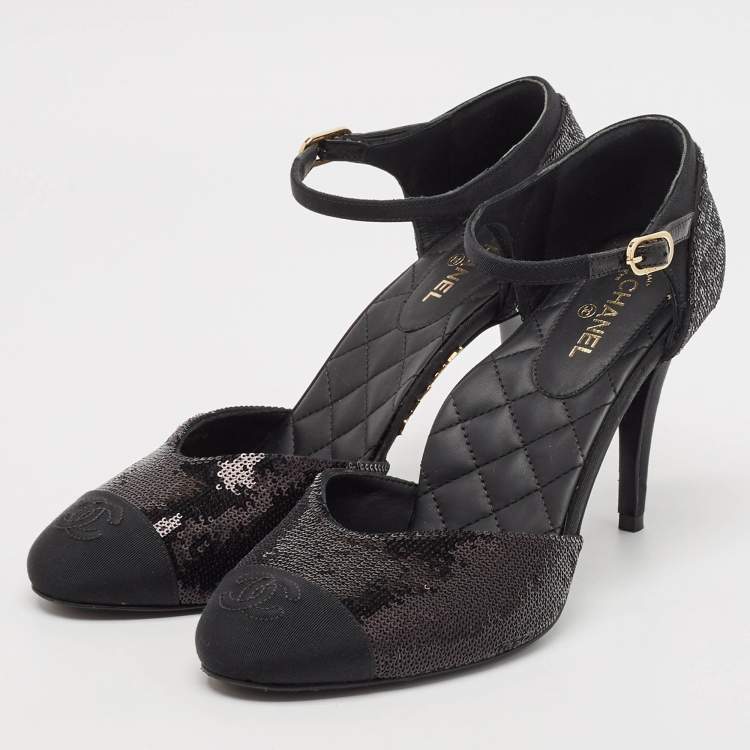Pre Owned Chanel Black Sequins and Grosgrain Cap Toe CC Ankle Strap Pumps Size 39.5