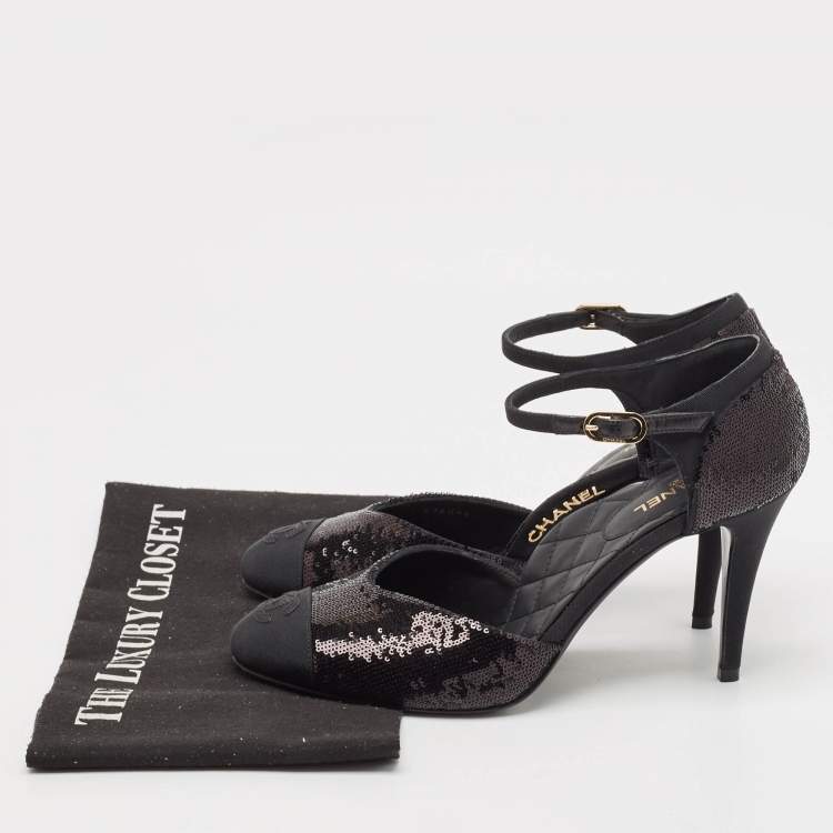 Pre Owned Chanel Black Sequins and Grosgrain Cap Toe CC Ankle Strap Pumps Size 39.5