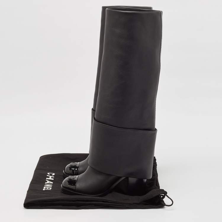 Pre Owned Chanel Black Patent and Leather CC Cap Toe Fold Over High Boots Size 38.5