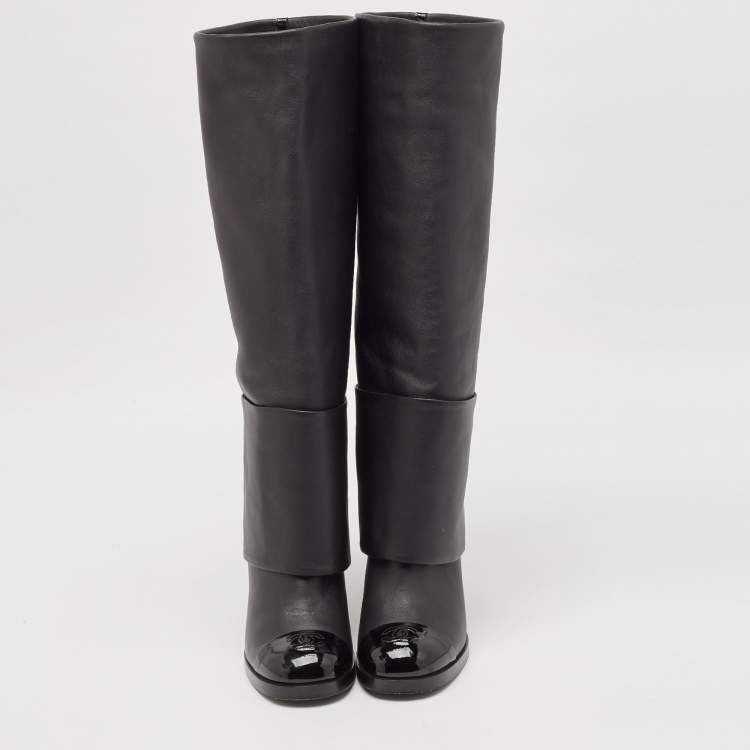 Pre Owned Chanel Black Patent and Leather CC Cap Toe Fold Over High Boots Size 38.5