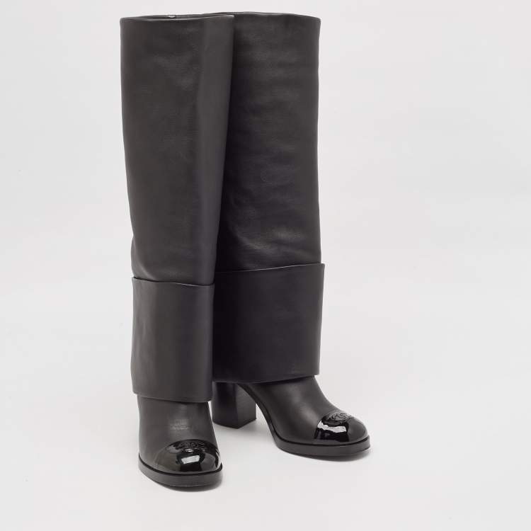 Pre Owned Chanel Black Patent and Leather CC Cap Toe Fold Over High Boots Size 38.5