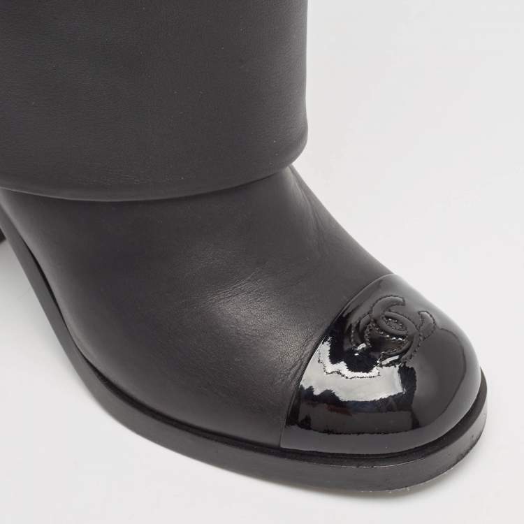 Pre Owned Chanel Black Patent and Leather CC Cap Toe Fold Over High Boots Size 38.5