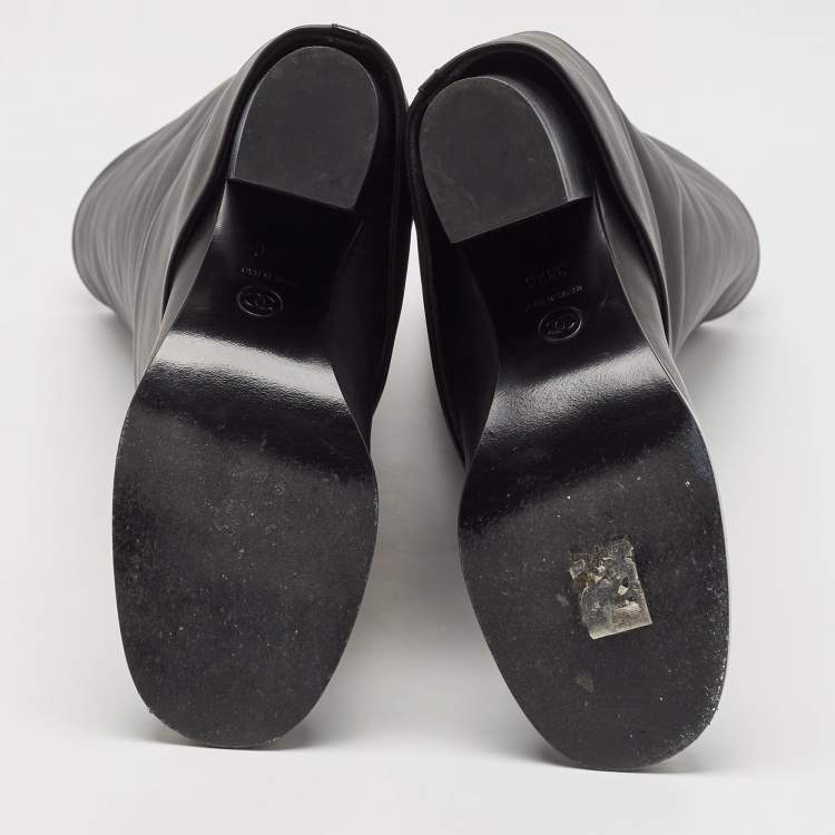 Pre Owned Chanel Black Patent and Leather CC Cap Toe Fold Over High Boots Size 38.5