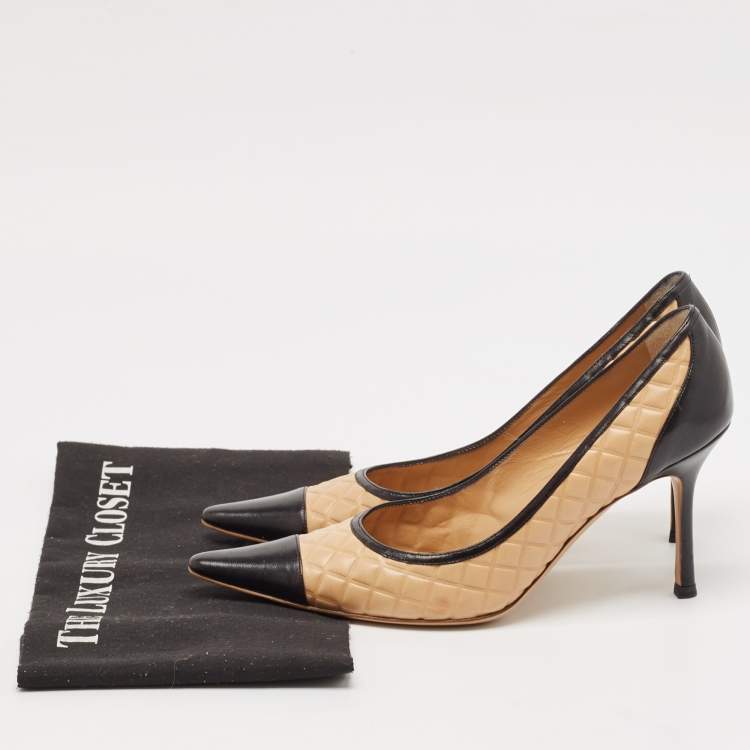 Pre Owned Chanel Black/Beige Leather Pointed Toe Pumps Size 37.5