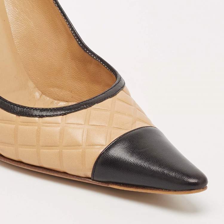 Pre Owned Chanel Black/Beige Leather Pointed Toe Pumps Size 37.5