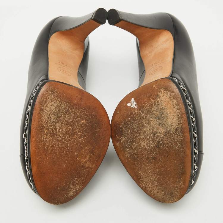 Pre Owned Chanel Black Leather CC Cap Toe Chain Platform Pumps Size 37.5