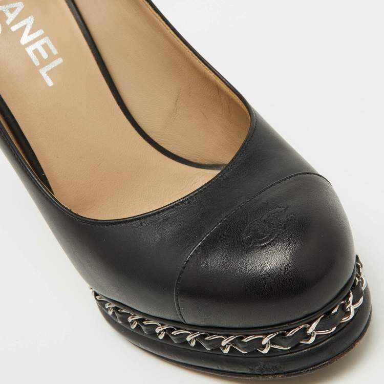 Pre Owned Chanel Black Leather CC Cap Toe Chain Platform Pumps Size 37.5