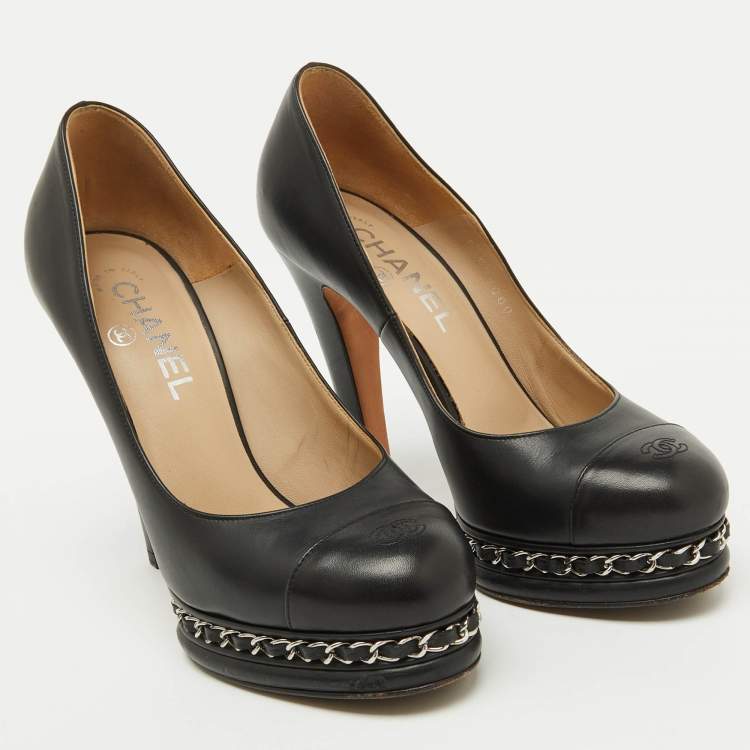 Pre Owned Chanel Black Leather CC Cap Toe Chain Platform Pumps Size 37.5