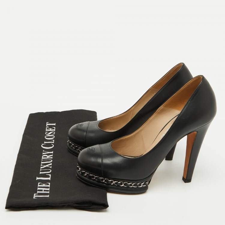 Pre Owned Chanel Black Leather CC Cap Toe Chain Platform Pumps Size 37.5
