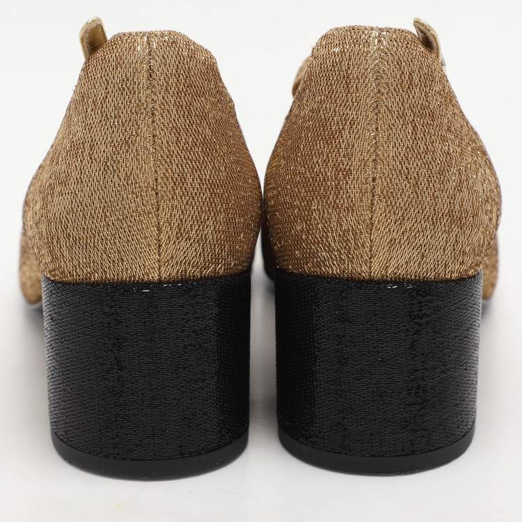 Pre Owned Chanel Gold/Black Lurex Fabric CC Cap Toe Block Heel Pumps Size 36.5