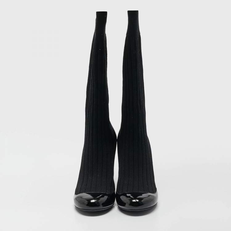 Pre Owned Chanel Black Patent Leather and Knit Fabric Sock Pumps Size 39.5