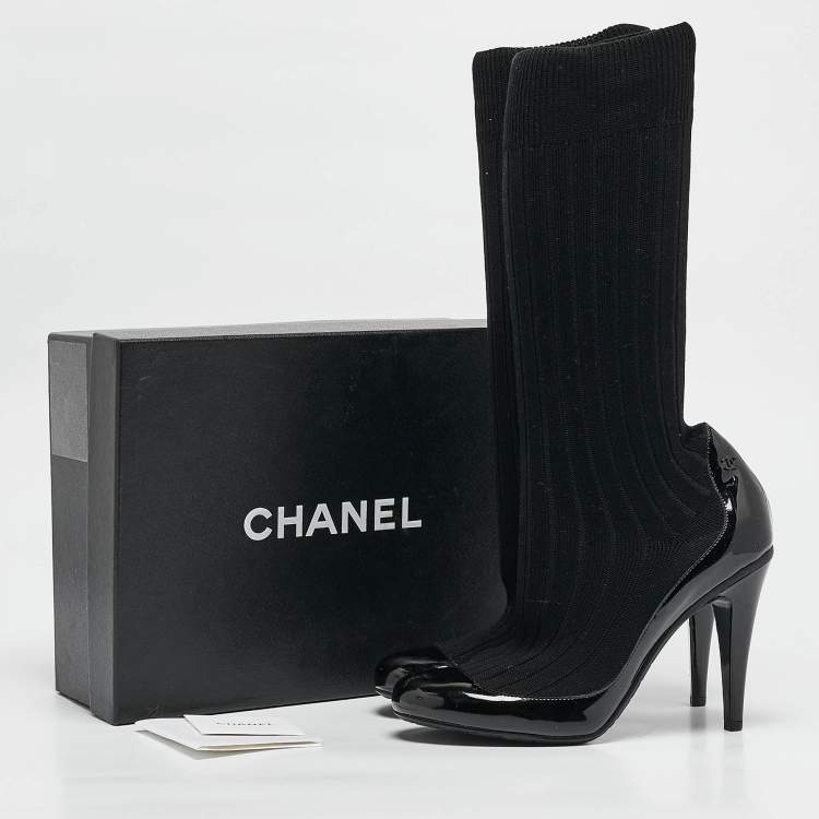 Pre Owned Chanel Black Patent Leather and Knit Fabric Sock Pumps Size 39.5