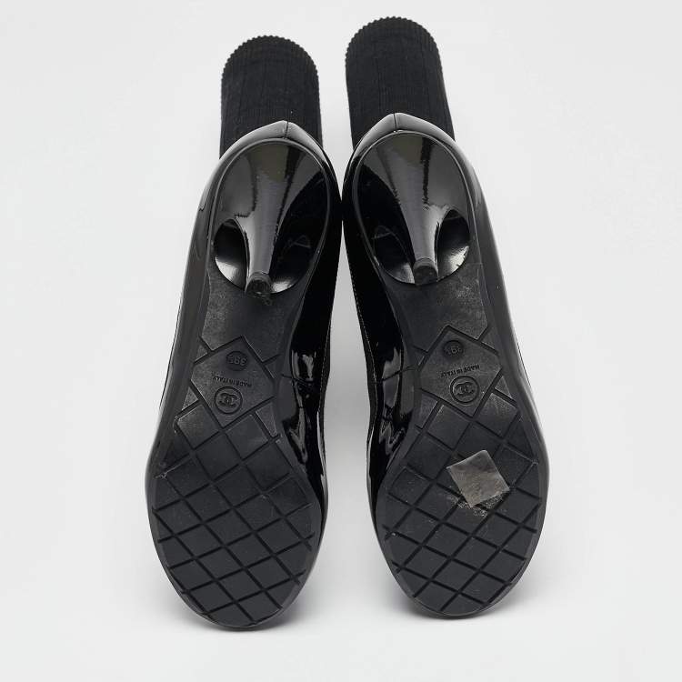 Pre Owned Chanel Black Patent Leather and Knit Fabric Sock Pumps Size 39.5