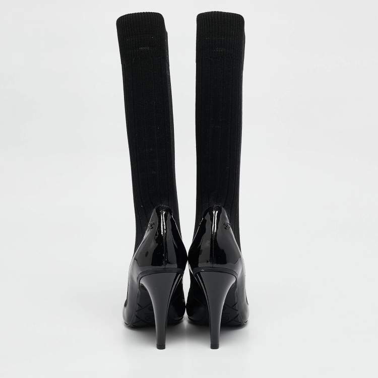 Pre Owned Chanel Black Patent Leather and Knit Fabric Sock Pumps Size 39.5