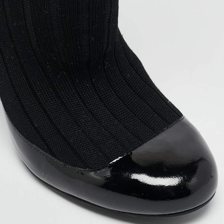 Pre Owned Chanel Black Patent Leather and Knit Fabric Sock Pumps Size 39.5
