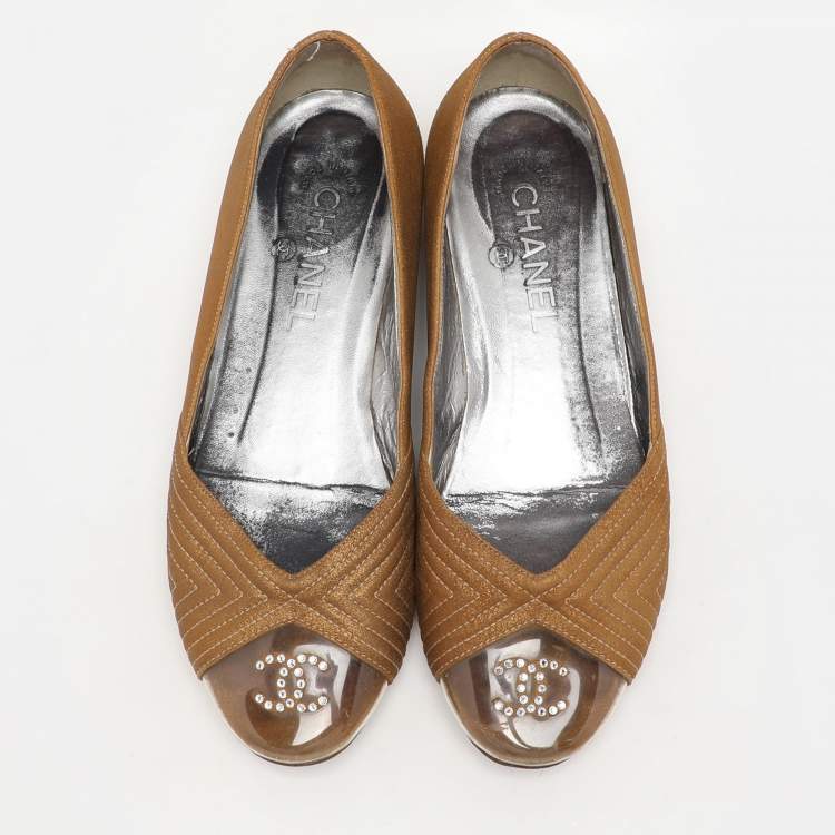 Pre Owned Chanel Brown Leather and PVC Embellished Ballet Flats Size 37.5